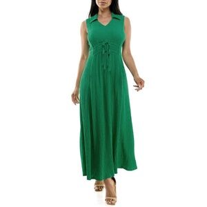 Nina Leonard Collared V-Neck Maxi Dress Bright Green